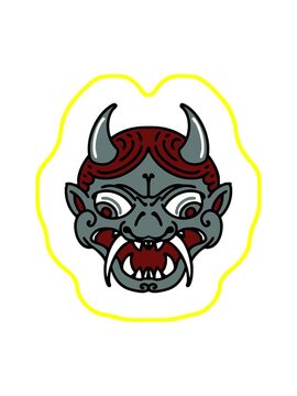 radioactive glowing animation of japanese kabuki theatre oni mask