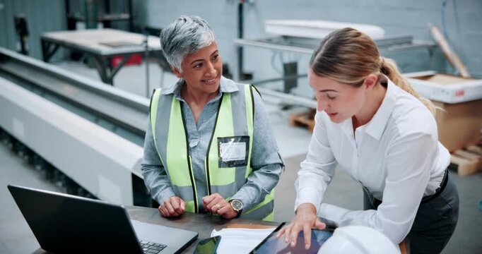 Manager, robotics and women on tech in factory for machine design, inspection and software configuration. Automation, team and people on tablet for system diagnostics, assembly line and engineering