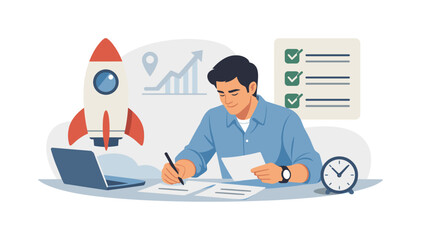 Fototapeta premium A product launch preparation and go-to-market coordination scene showing a focused team member finalizing plans beside a simple rocket symbol and a minimal checklist element