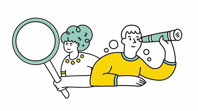people using magnifying glass and telescope for market research vision