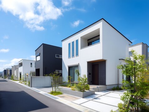 青空の下にモダンなデザインの戸建て住宅が立ち並ぶ新築住宅街の美しい街並み景観写真