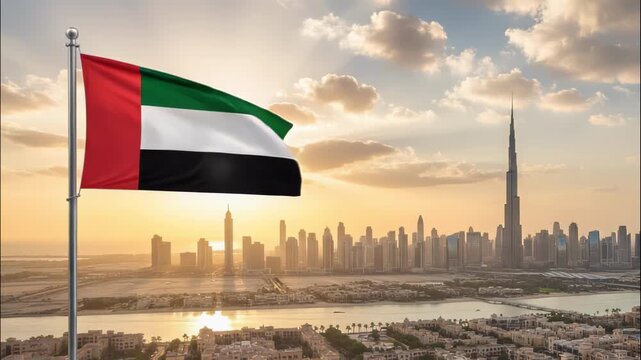 Enmirate National flag waving on the wind with the panorama in the background