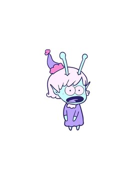 flashy sales animation of hand drawn line drawing of a shocked alien girl wearing santa hat