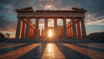 Fototapeta premium Sunset Over Ancient Temple with Columns and Dramatic Sky
