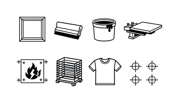 Screen printing workshop: screen frame, squeegee tool, ink bucket, printing table, stencil design, drying rack, fabric shirt, registration marks
