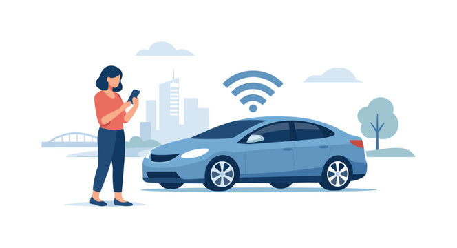 Smart transportation network scene showing connected vehicles communicating with each other to improve traffic flow and safety in a modern urban environment, with a simplified