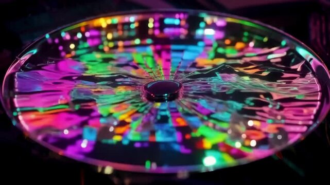 Colorful rainbow lights reflected on water surface vibrating with intense sound wave patterns.