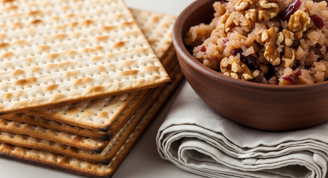 Traditional Jewish food charoset and matzo.
