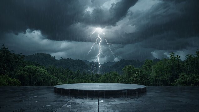 Dramatic Lightning Strike Over Dark Forest During Heavy Rain