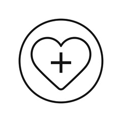 Obraz premium Black outline illustration. A heart with a plus sign inside. All enclosed in a circle. Simple and easily recognizable graphic