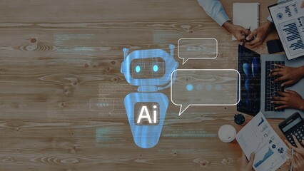 This contemporary image features a robot graphic symbolizing artificial intelligence, set in a collaborative office environment with individuals immersed in technology and discussion. Raster © InfiniteFlow