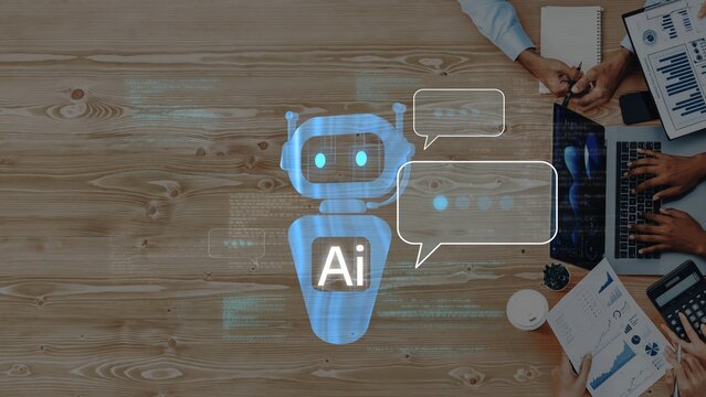 This contemporary image features a robot graphic symbolizing artificial intelligence, set in a collaborative office environment with individuals immersed in technology and discussion. Raster