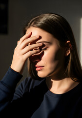 Fototapeta premium Young Woman Crying with Hand on Forehead in Dramatic Light