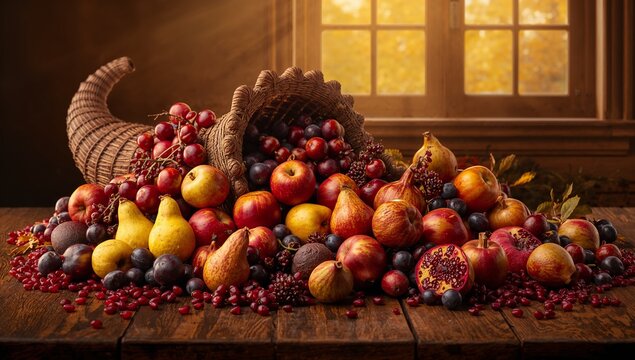 Bountiful Harvest Horn of Plenty with Colorful Fruits and Berries