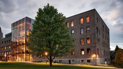 Obraz premium University building with illuminated windows and tree on lawn