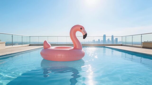 A large pink flamingo pool float drifts in a rooftop swimming pool overlooking a hazy city skyline on a clear morning.