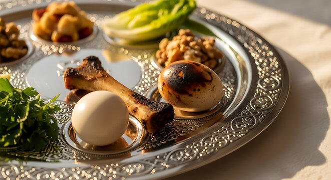 Traditional Jewish Seder plate with symbolic foods.