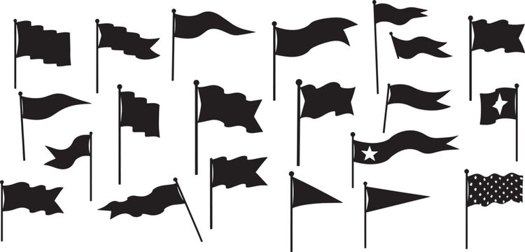 Diverse Collection of Black Flag and Banner Silhouettes in Various Shapes, Ideal for Graphic Design Elements, Celebratory Occasions, or Promotional Accents