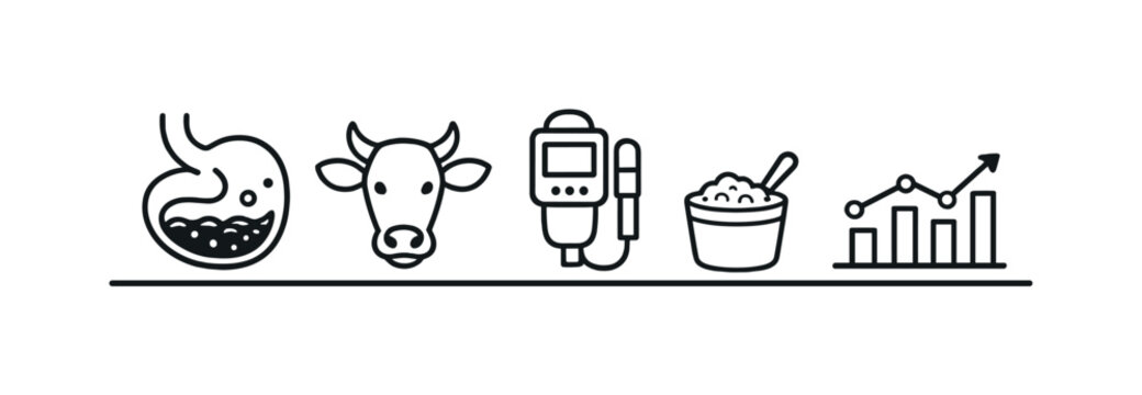 Veterinary rumen health monitoring and digestion assessment for optimized feed efficiency and metabolic balance in ruminant livestock, rumen stomach icon, cow head, pH meter, feed