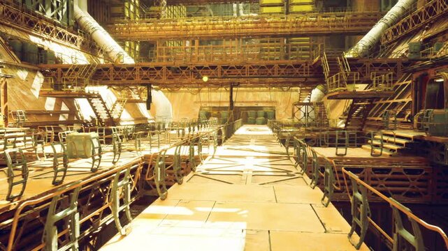 Power plant exhaust corridor with large ducts and vents, piping and gauges run along service walkway, steamstained surfaces and soot marks create rugged