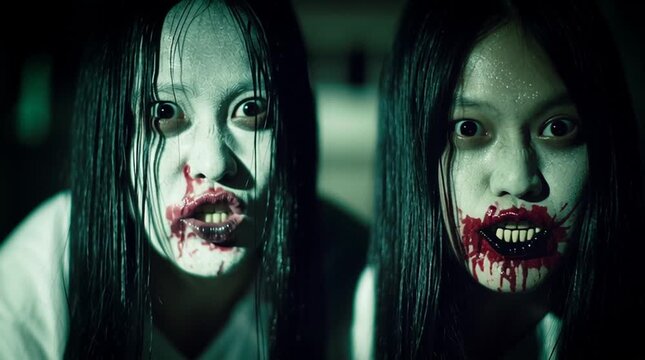 Two terrifying female zombies with fangs. Possessed Asian women with pale faces. Devil-ridden, obsessed with demons