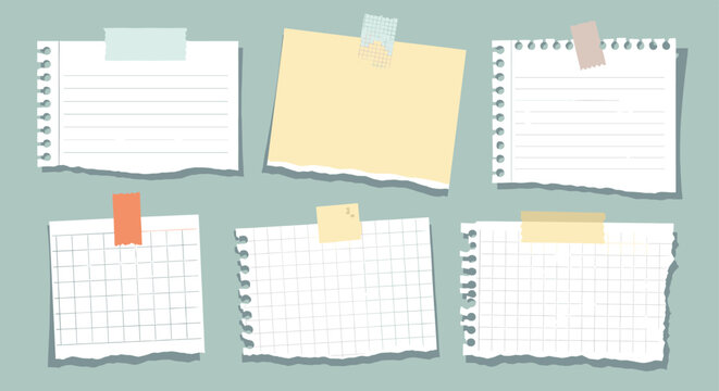 Collection of various torn paper notes and sticky memos attached with adhesive tape on a light blue background for reminders, office tasks, and notes.