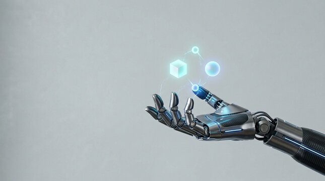 Futuristic robotic arm holding glowing digital geometric shapes and spheres representing artificial intelligence and data science