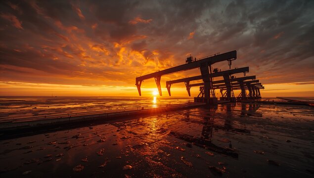 Sunset Over Industrial Cranes Silhouetted Against Vibrant Sky