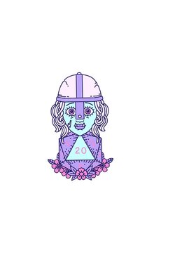 horizontally vibrating animation of Retro Tattoo Style half orc fighter character with natural twenty dice roll