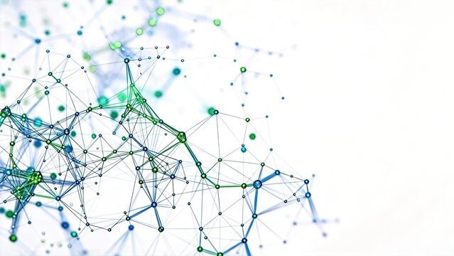 Abstract digital network structure blue and green connected dots on white background futuristic technology concept big data visualization communication lines science background cop