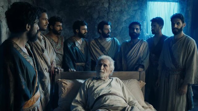 Jacob on his deathbed surrounded by his twelve sons. Biblical scene of the patriarch's final moments and blessing. Old Testament narrative