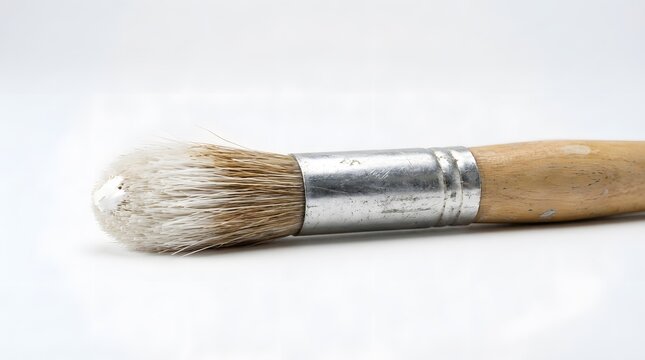 A paintbrush with a wooden handle and metal ferrule lies on a white surface