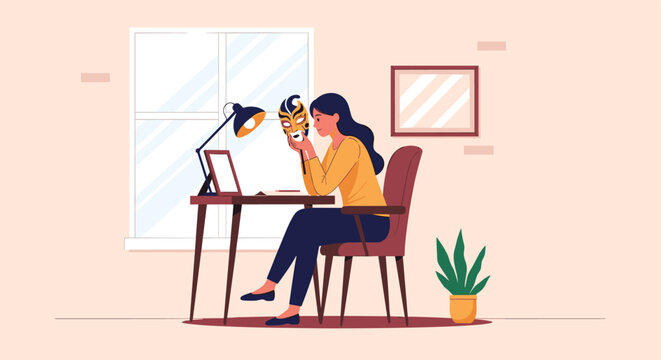 Woman sitting at a desk and looking at a mask that hides her true emotions while working at a computer in a room with a window and indoor plants.