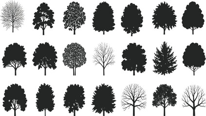 Silhouette illustration collection of twenty diverse tree shapes with unique branching patterns, foliage density, seasonal forest artwork, botanical diversity, natural design inspiration © Rina