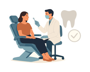 Obraz premium Exclusive dental clinic experience and professional oral care services, represented by a dental chair paired with a simple tooth and a minimal checkmark, symbolizing comfort