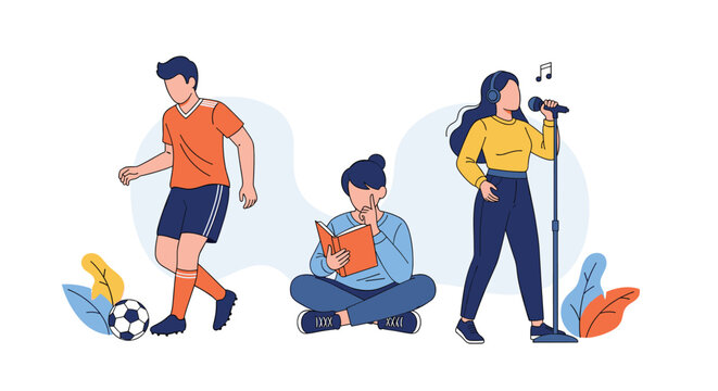 Illustration of people pursuing different hobbies such as playing soccer, reading a book, and singing with a microphone for a creative lifestyle theme.