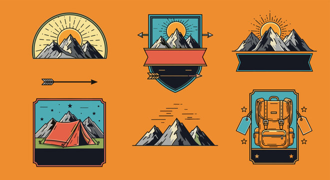 Collection of vintage style camping and hiking badges featuring mountains, tents, backpacks, arrows, and sun symbols for outdoor adventure designs.