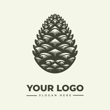 A vintage-style woodcut illustration of a pinecone with a logo and slogan text on a cream background, ideal for branding and advertising use.