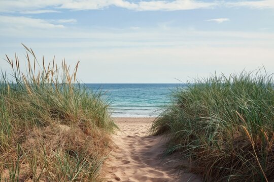 Dune path through beach grass leading to calm sea horizon