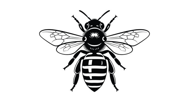 Detailed black and white engraving style illustration of a honey bee with open wings on a plain white background.