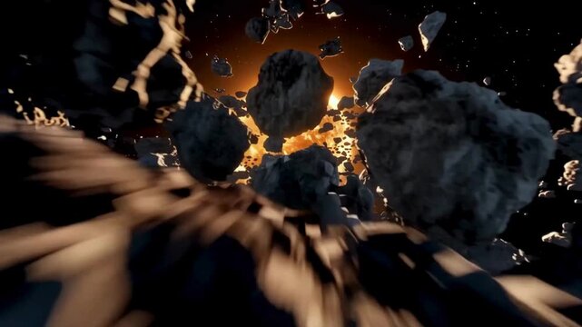 Fast motion point of view flying through rocks and asteroids toward a glowing orange sun in space.