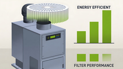 furnace, filter, air, hvac. A modern energy-efficient air filtration unit is shown alongside a bar graph illustrating improved filter performance.