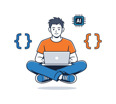 Flat editorial character illustration of a male software developer seated at a floating laptop, surrounded by two hovering code brackets and a small AI chip