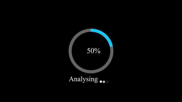 Data Analysing status with blue circular progress indicator and percentage on black background , with video animation.