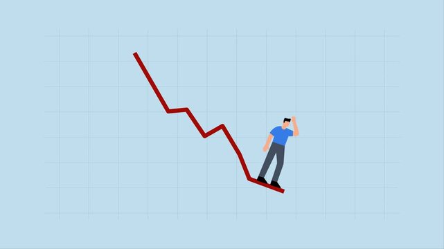 Economic recession, 4k animation of Businessman investor watches as red graph falls, searching for the bottom