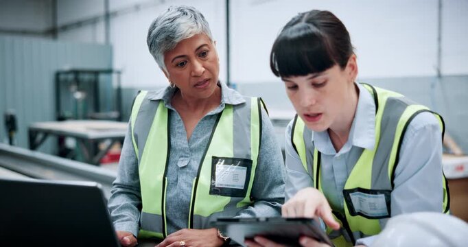 Meeting, robotics and women on tech in factory for machine design, inspection and software configuration. Automation, industrial and people on tablet for system diagnostics, assembly line or learning