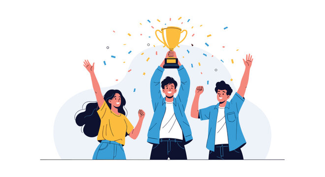 Diverse group of cheerful friends celebrating their victory together by raising a golden trophy amidst colorful falling confetti.