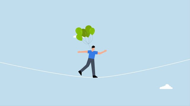 Risk management control, 4k animation of Businessman acrobat chooses to walk on rope with balloons in order to lower the level of risk