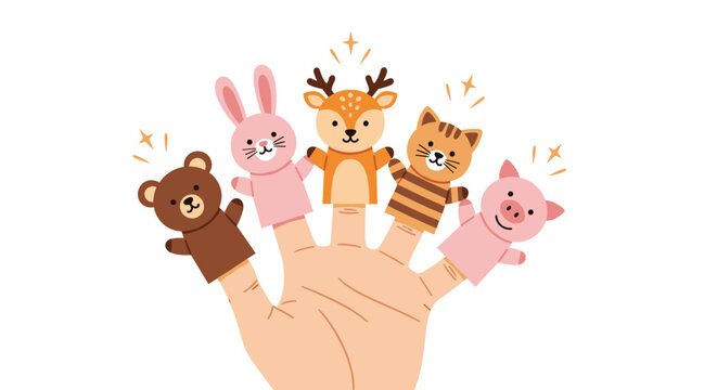 Child's hand with five cute animal finger puppets representing a bear, rabbit, deer, cat, and pig for fun storytelling and play.