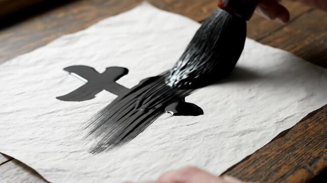 A close up of a hand using a large traditional brush to paint black ink calligraphy symbols on a textured white paper over a wooden desk